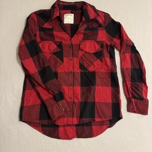 ZARA Flannel Premium Denim Red & Black Plaid Buffalo Snap Long Sleeve Womens S